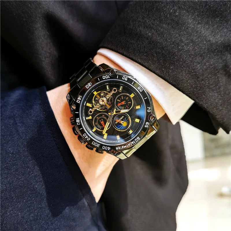 Men's automatic mechanical watch with various colour combinations showing 12mm thickness profile
