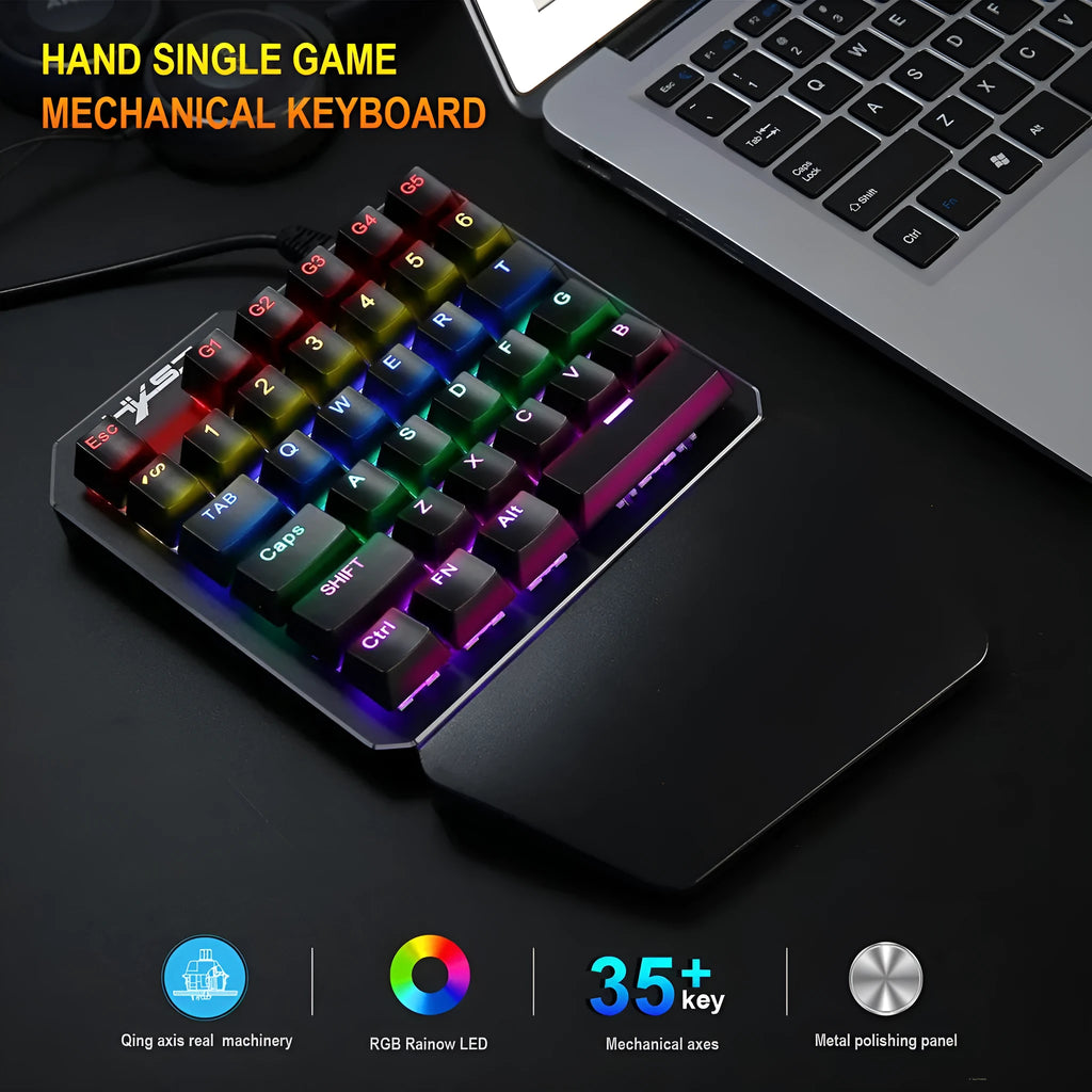 Mini one-handed mechanical gaming keyboard with 35 keys, seven-colour backlight, and wired USB connection