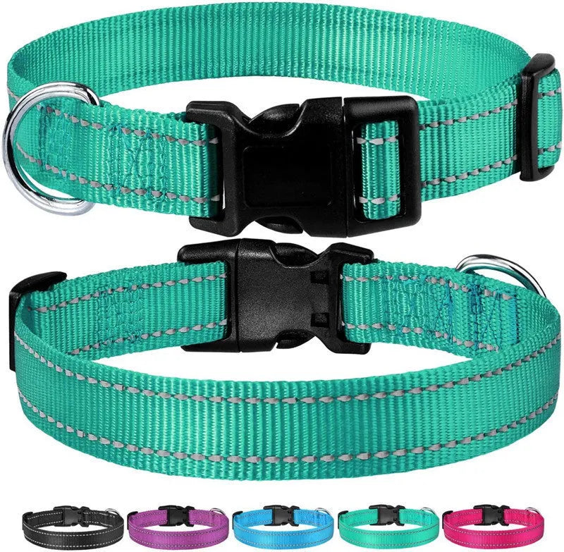 Adjustable chest strap dog collar in nylon material showing colour options