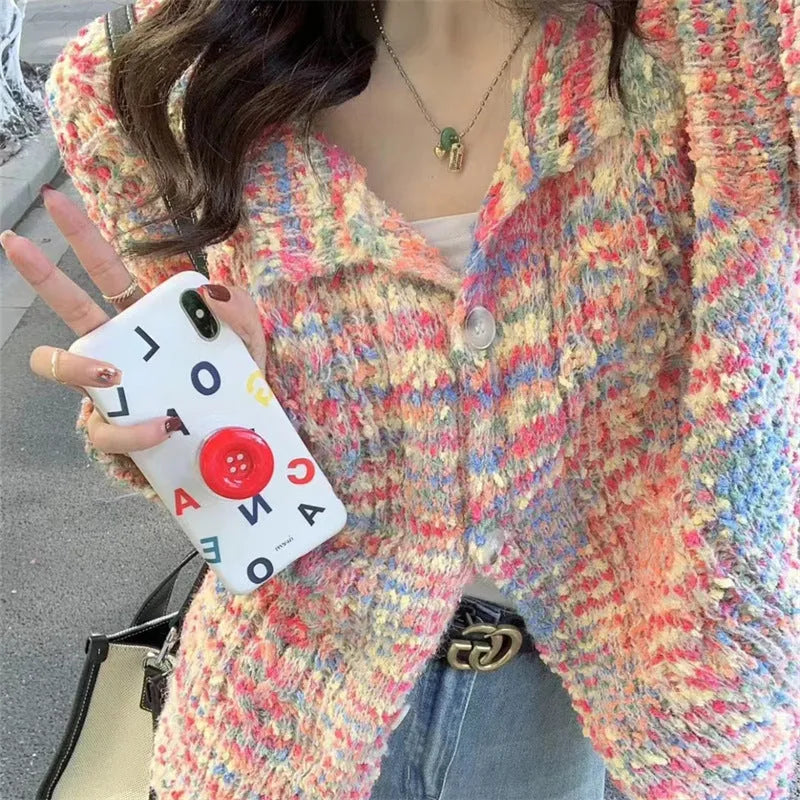 Retro style acrylic knitted cardigan sweater with toothbrush hair texture in pink or green colour options