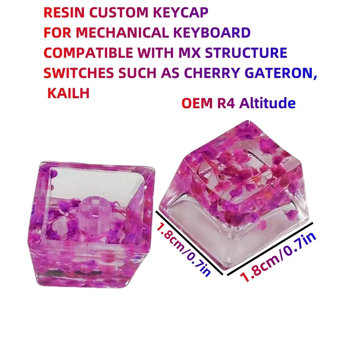 Transparent resin mechanical keyboard keycap with starry sky pattern in red, pink, green, and violet colour options