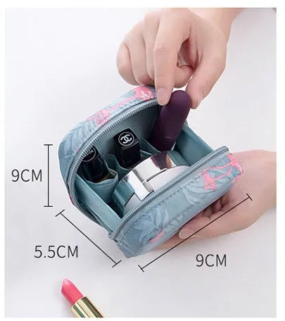 Cloth cube-shaped makeup storage bag with a plain pattern, shown in blue, pink, white, and white pink colour options