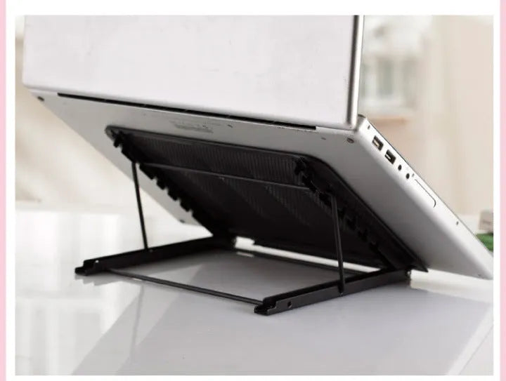 Adjustable cold-rolled steel laptop and tablet stand in black, shown in a raised position.