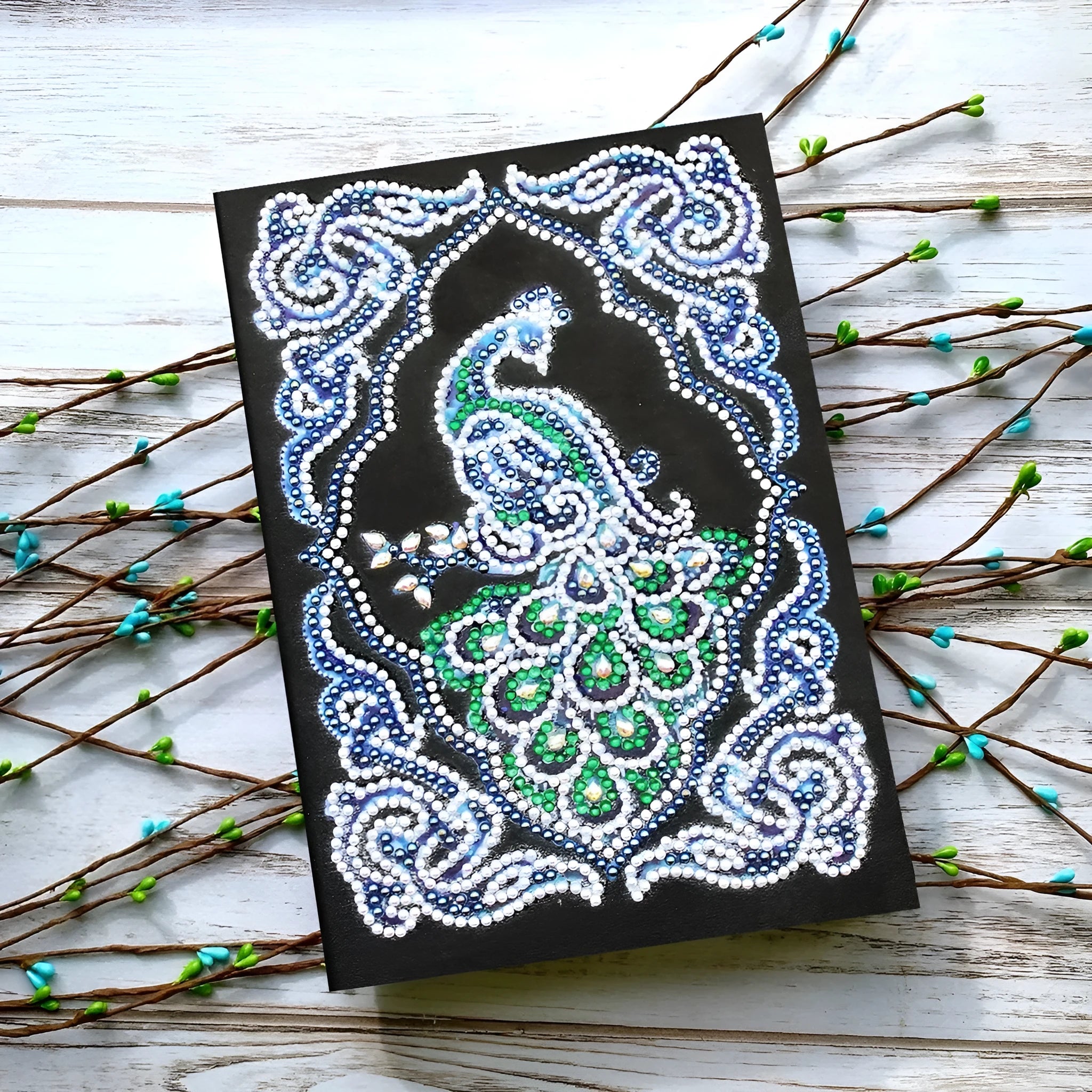 A5 black notebook with a peacock diamond painting design and packets of shaped and bright drill rhinestones.