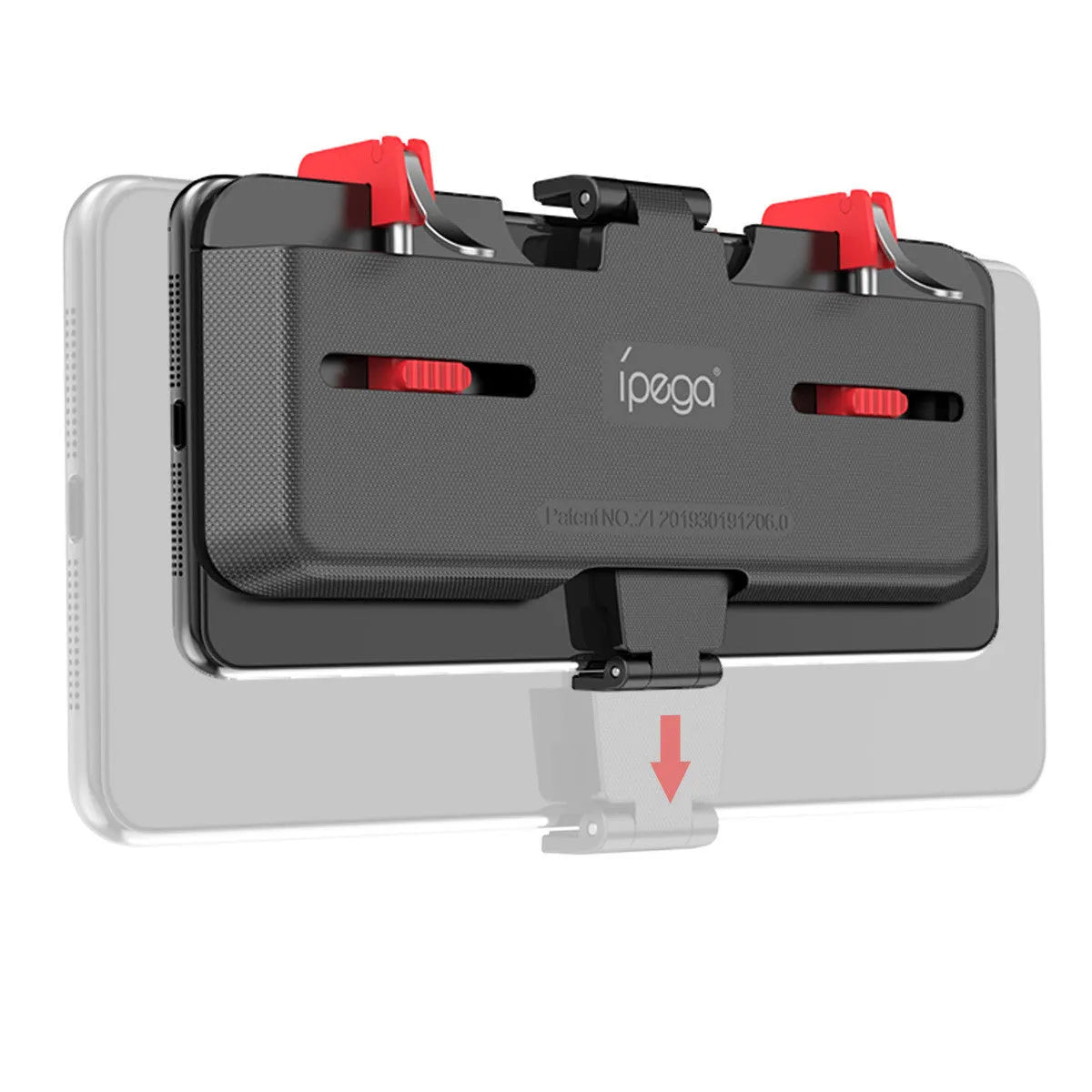 Black PG-9137 mobile phone gaming trigger bracket with adjustable metal trigger and telescopic phone clip.