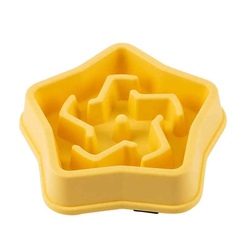 Yellow plastic slow feeding dog bowl with rough textured bottom, diameter 20.1cm