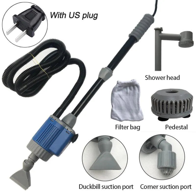 Electric aquarium water changer gravel cleaner with hose and attachments on a fish tank