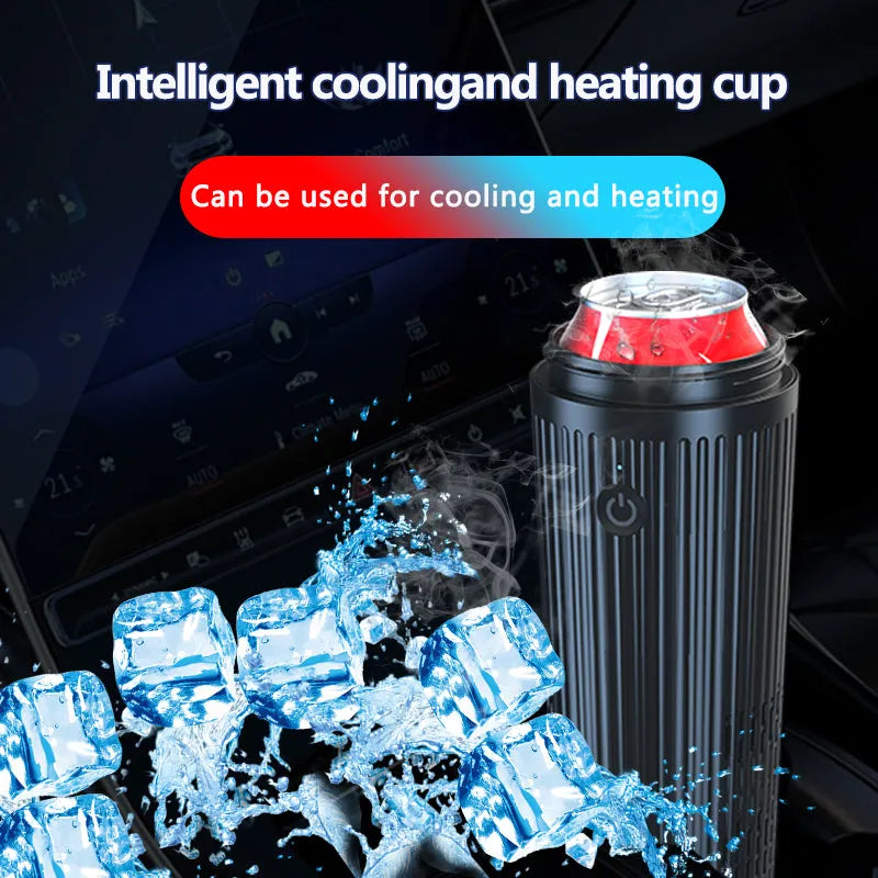 Smart heating and cooling cup in black plastic with white interior and 12V car plug