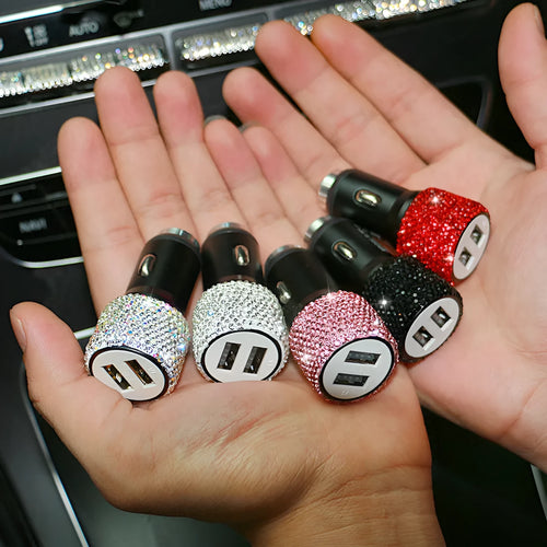 Car charger with diamond pattern design in red, white, black, pink, and AB colour options for cigarette lighter sockets.