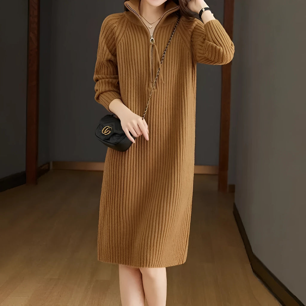 Beige half zip woolen skirt with stand collar and long sleeves