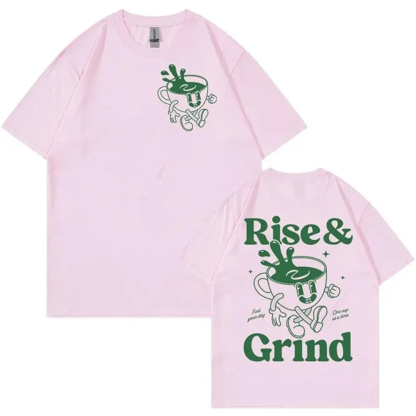 A loose-fit linen T-shirt with a Rise And Grind Green Coffee cartoon print, shown in one of ten available colours.