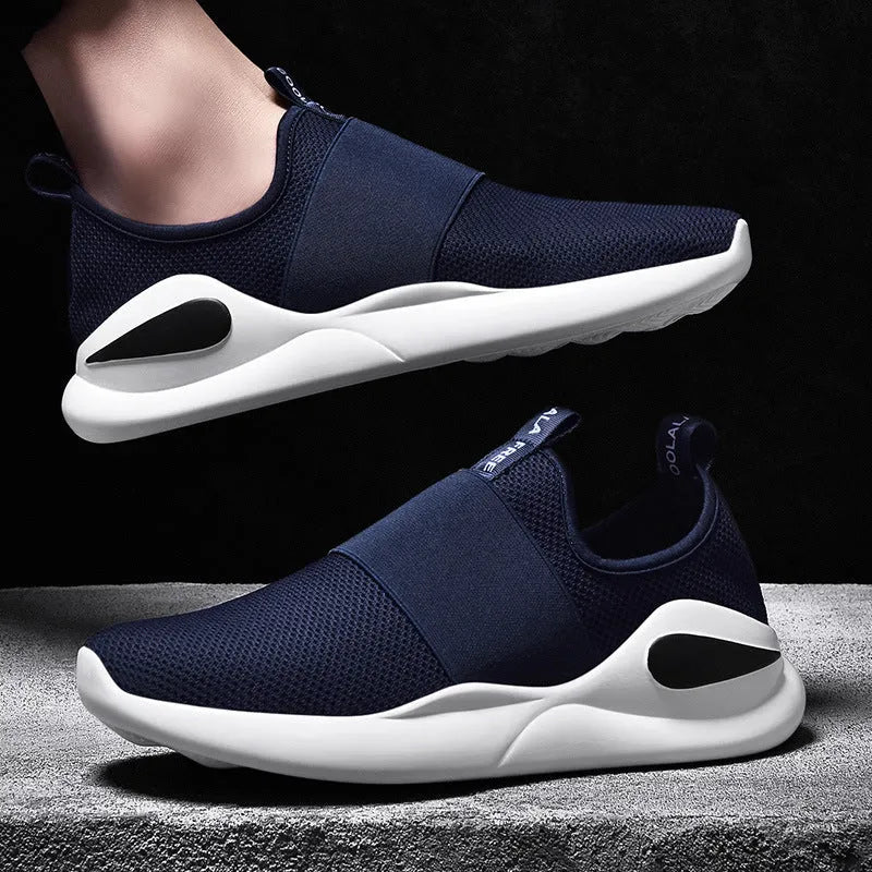 Men's sports casual shoes mesh upper round toe rubber sole flat heel available in black red blue solid colours