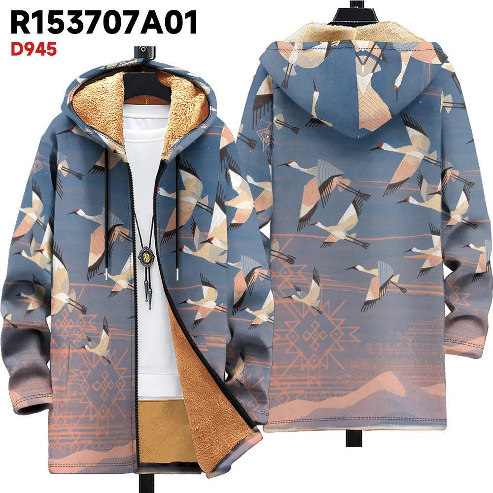 Man wearing a multicolour digitally printed hooded cardigan with a zipper front in a loose fit.