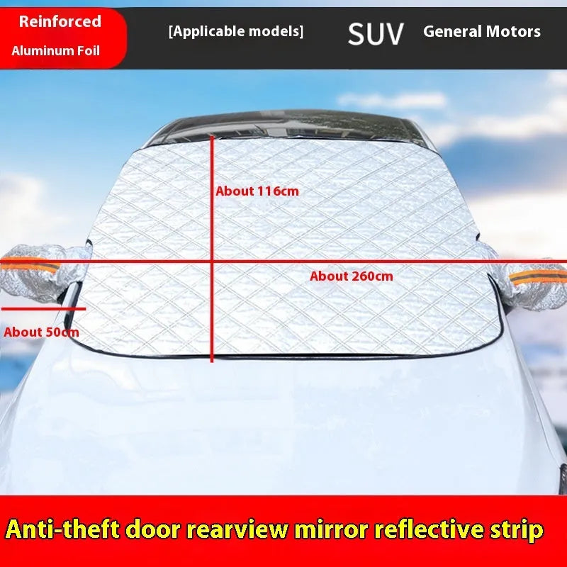 Winter car windshield cover for SUVs with aluminium foil construction and magnetic fasteners