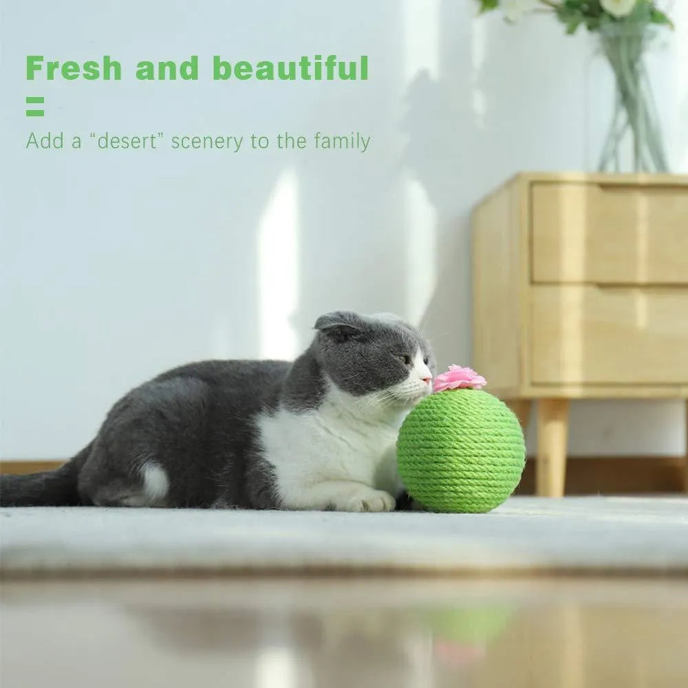 Green cactus-shaped cat scratcher with rolling ball and sisal tree tower for indoor feline play