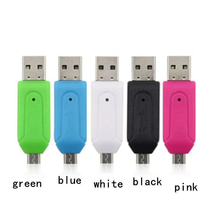White USB OTG dual-purpose card reader for SD and TF memory cards next to a mobile phone.