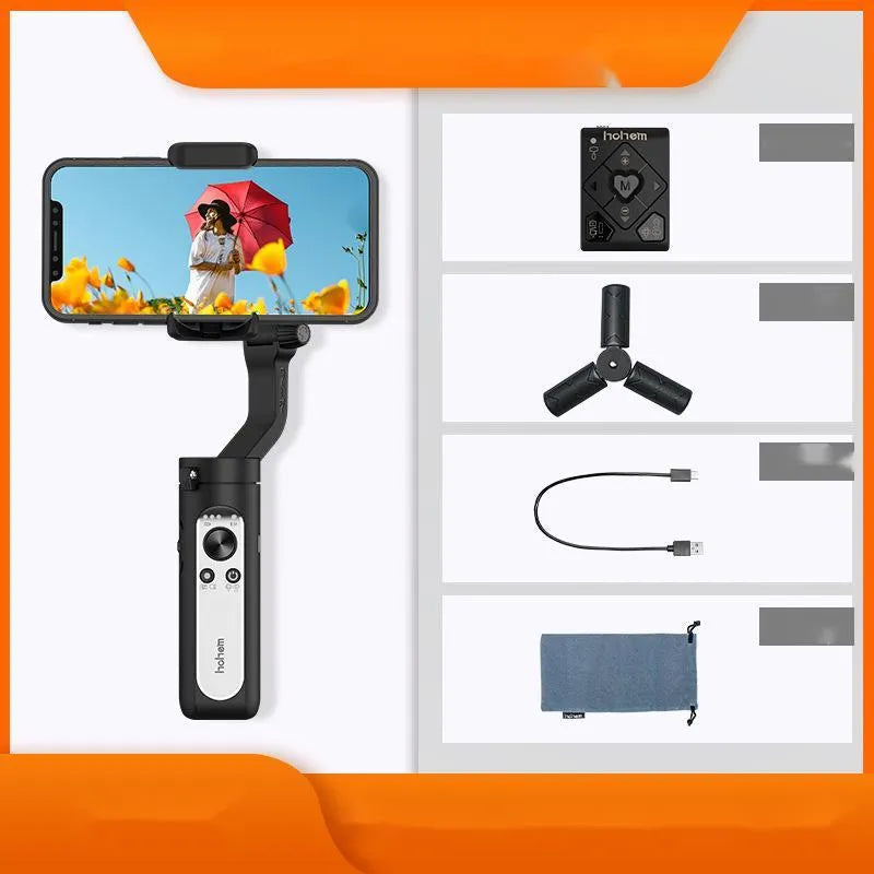 Smart anti-shake selfie stick stabilizer in black, folded, plastic construction, compact size