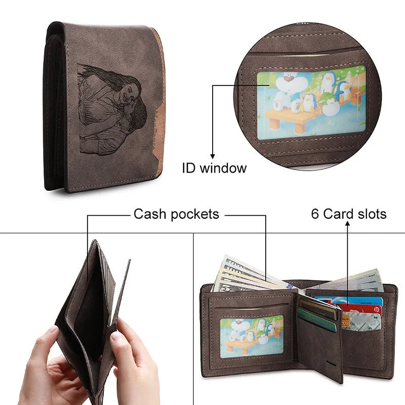 Coffee brown engraved horizontal short wallet showing photo personalisation feature