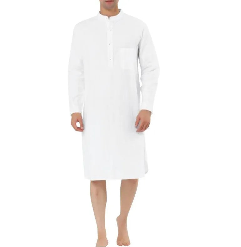 Men's cotton shirt robe in light blue with front pocket and long sleeves on a model