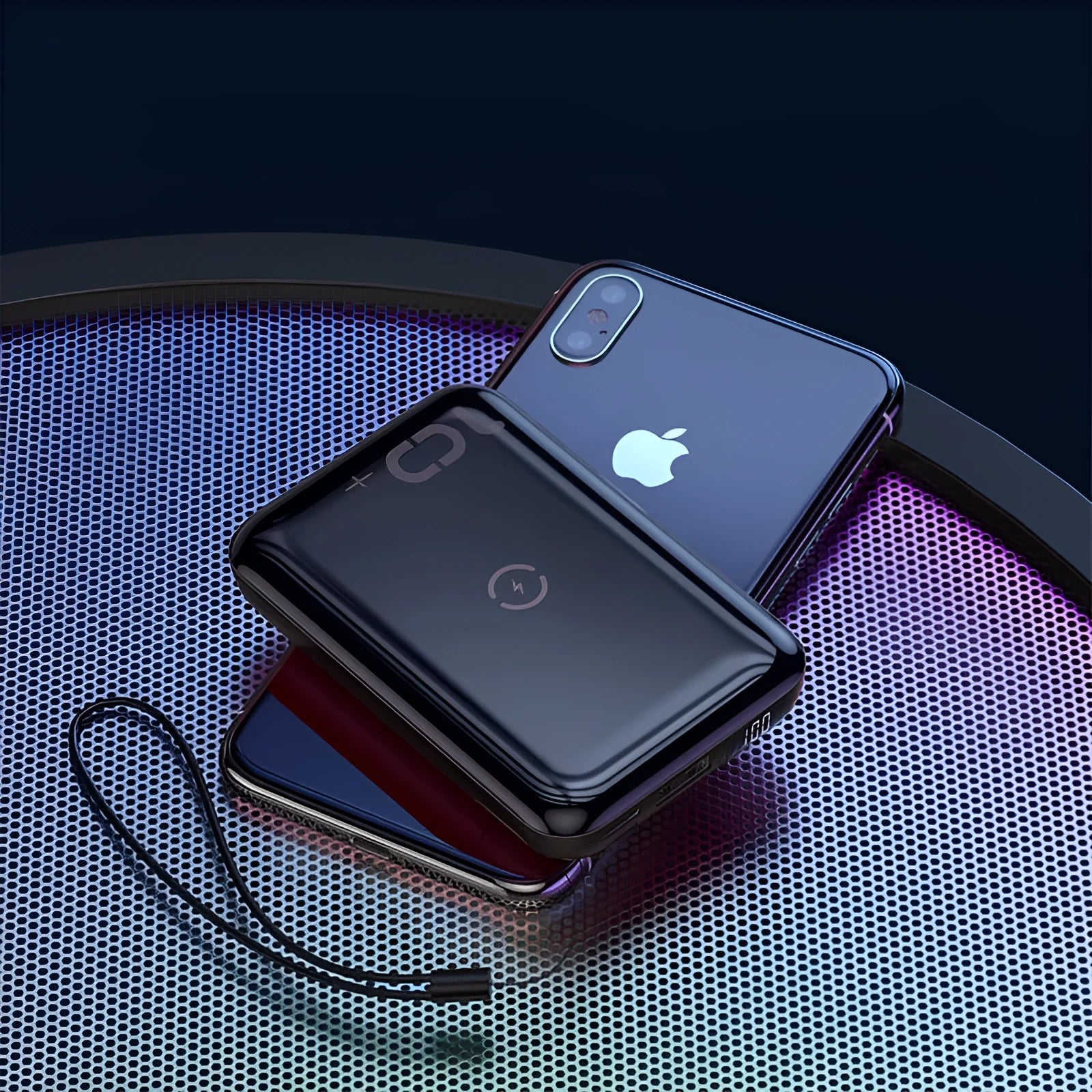 Small square wireless fast charge power bank with digital display showing battery percentage