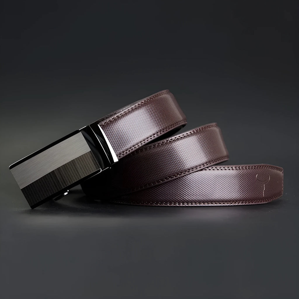 Men's cowhide leather belt with automatic rectangular alloy buckle in black on white background