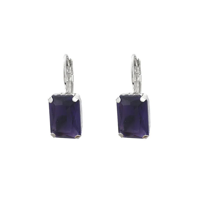 Square copper fashion earrings with crystals in purple, red and yellow colours