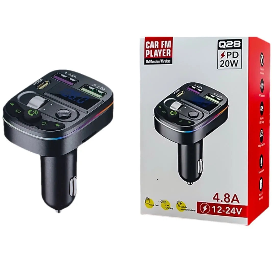 Q28 Bluetooth car receiver with MP3 playback, voltage display, and ABS plastic case