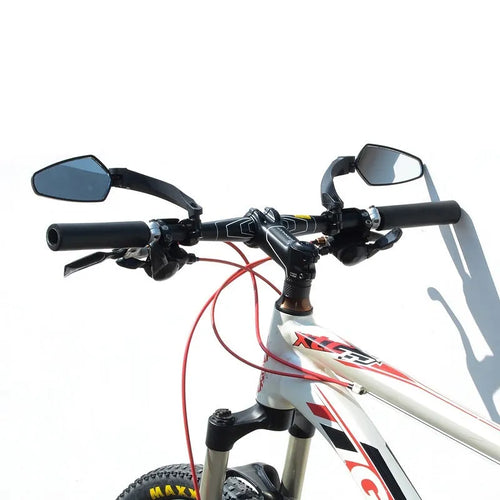 Black rotatable bicycle rearview mirror for handlebars, showing acrylic lens and mounting clamp.