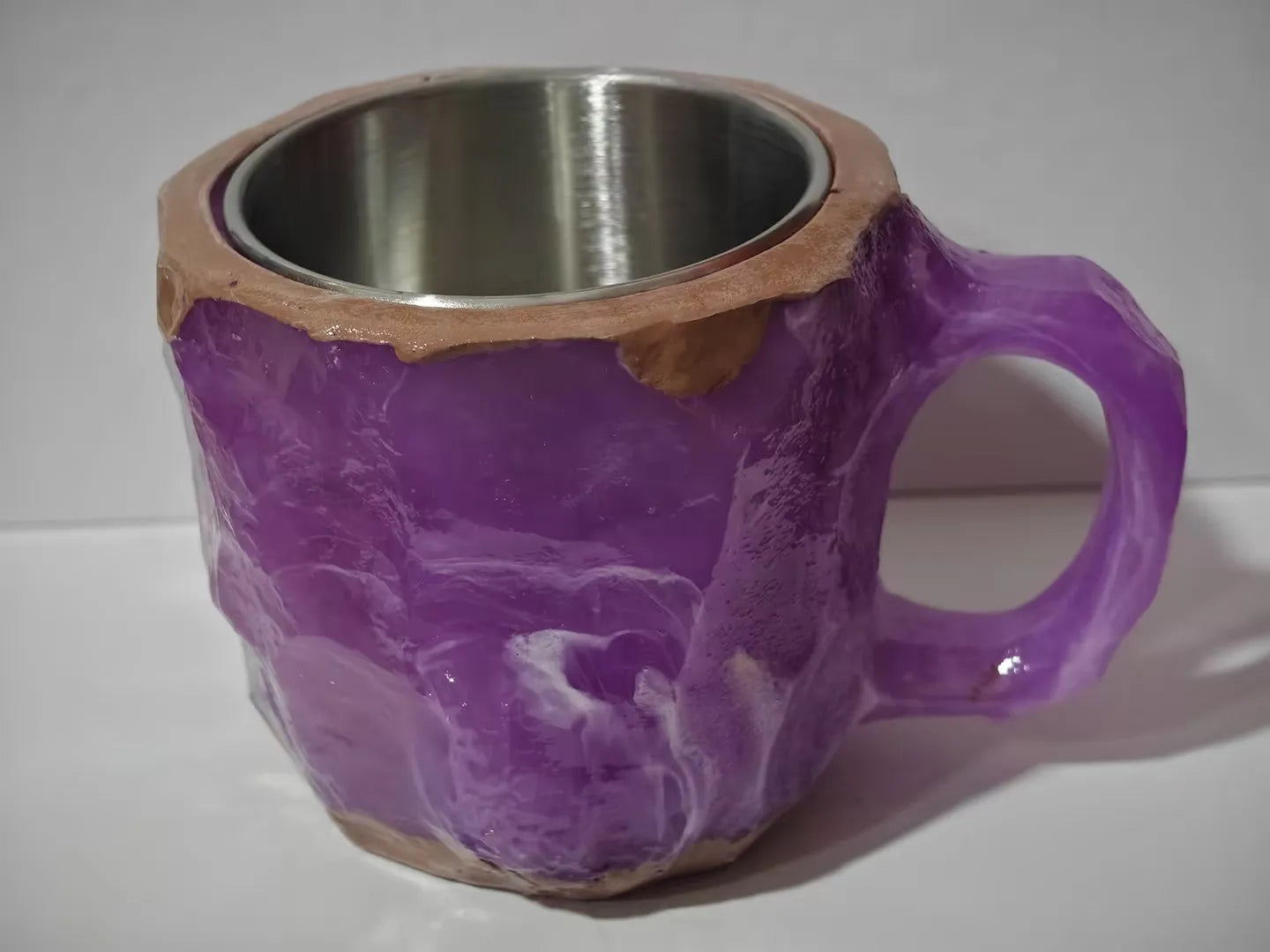 Resin mineral crystal coffee mug with handle showing clear design and colour options