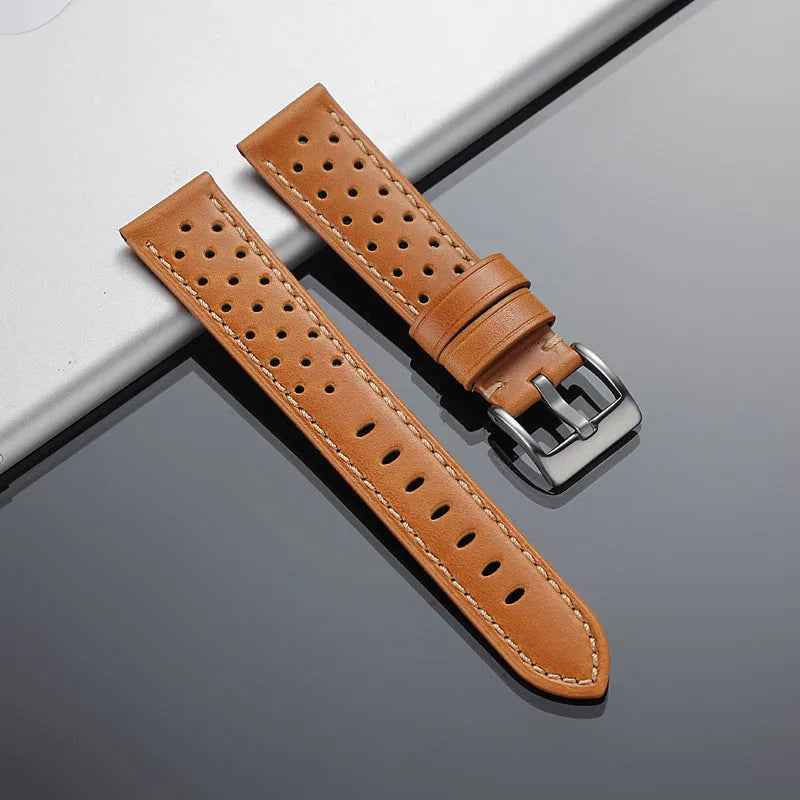 New business hollow-out first layer cowhide watch strap in six colour options on white background