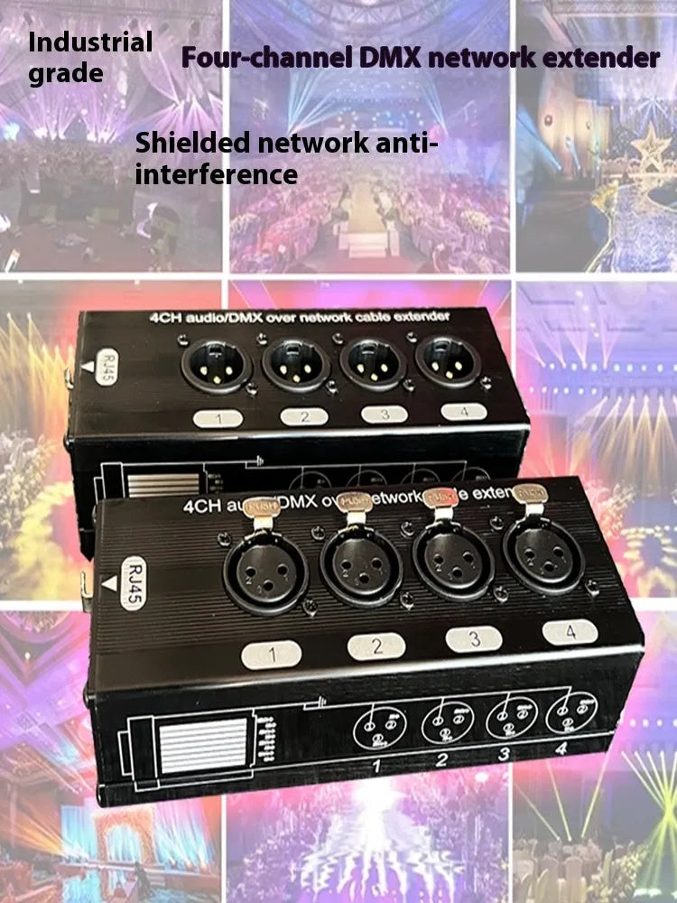4-way Carnon network cable extender with four XLR ports and Ethercon connection, aluminium alloy shell, 300m range