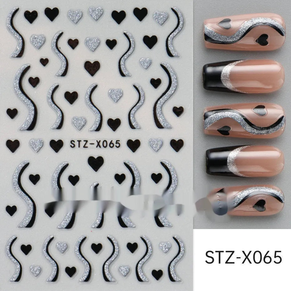 Black and silver stripe nail art sticker with a love pattern design on a plastic sheet.