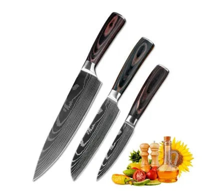 7Cr17 stainless steel kitchen knife with laser Damascus pattern blade and coloured wood handle