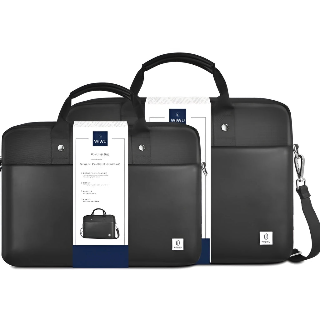 Black Oxford cloth multi-pocket laptop handbag showing separate internal layers and an integrated lock.