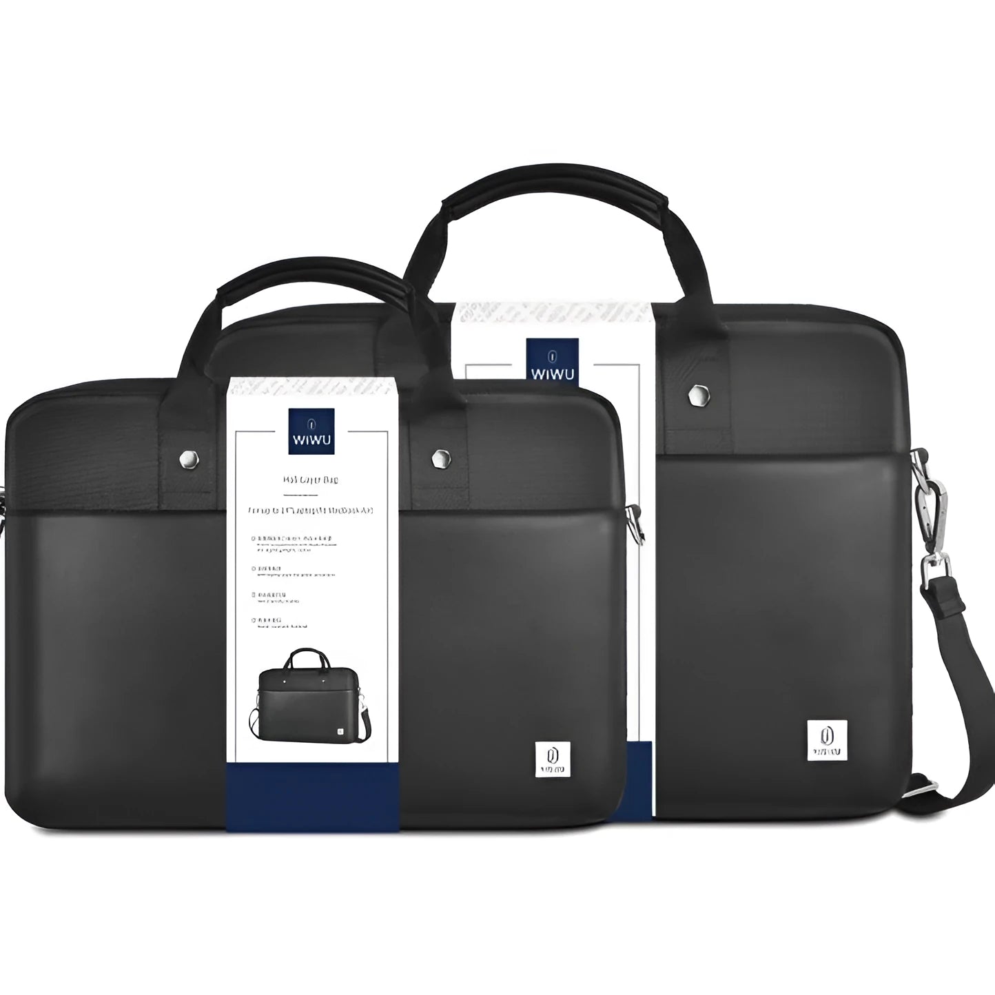 Black Oxford cloth multi-pocket laptop handbag showing separate internal layers and an integrated lock.