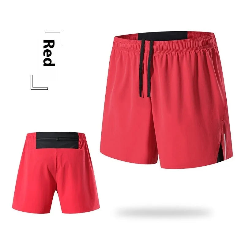 Men's red off-road running shorts with a high waist and loose fit, shown for marathon and cross-country running.