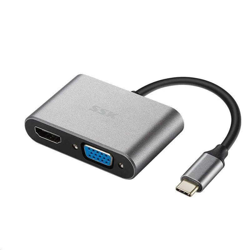 11-in-1 grey metal USB C hub adapter with HDMI VGA USB 3.0 network port PD 3.0 and SD card reader on 0.15m cable