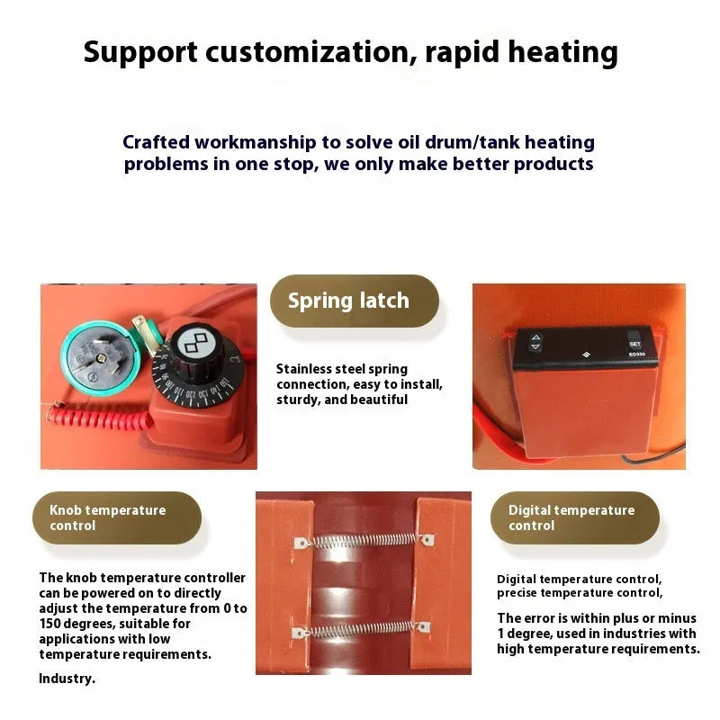 Silicone rubber heating belt wrapped around a 200-litre oil drum with digital display control