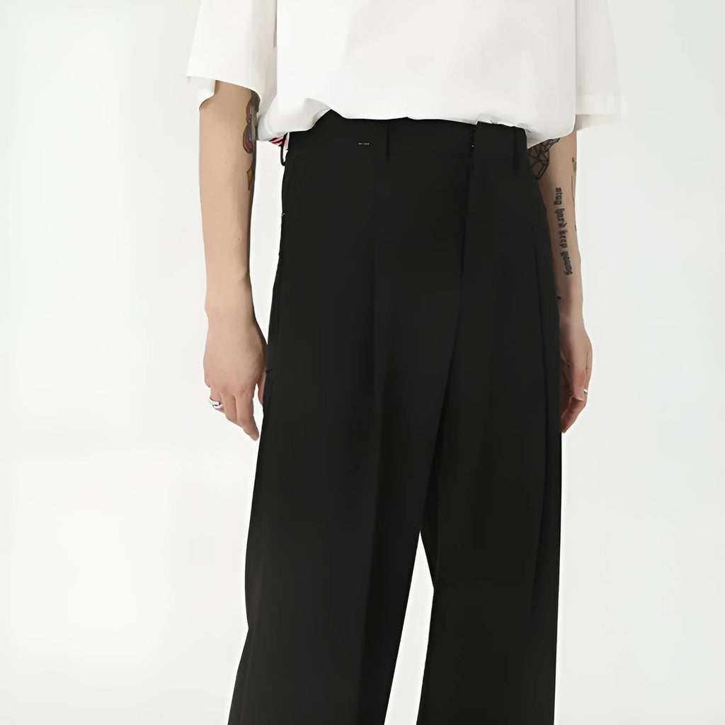 Men's straight mid-waist suit pants in black polyester blend, lying flat, showing straight leg cut and mid-rise waistband.