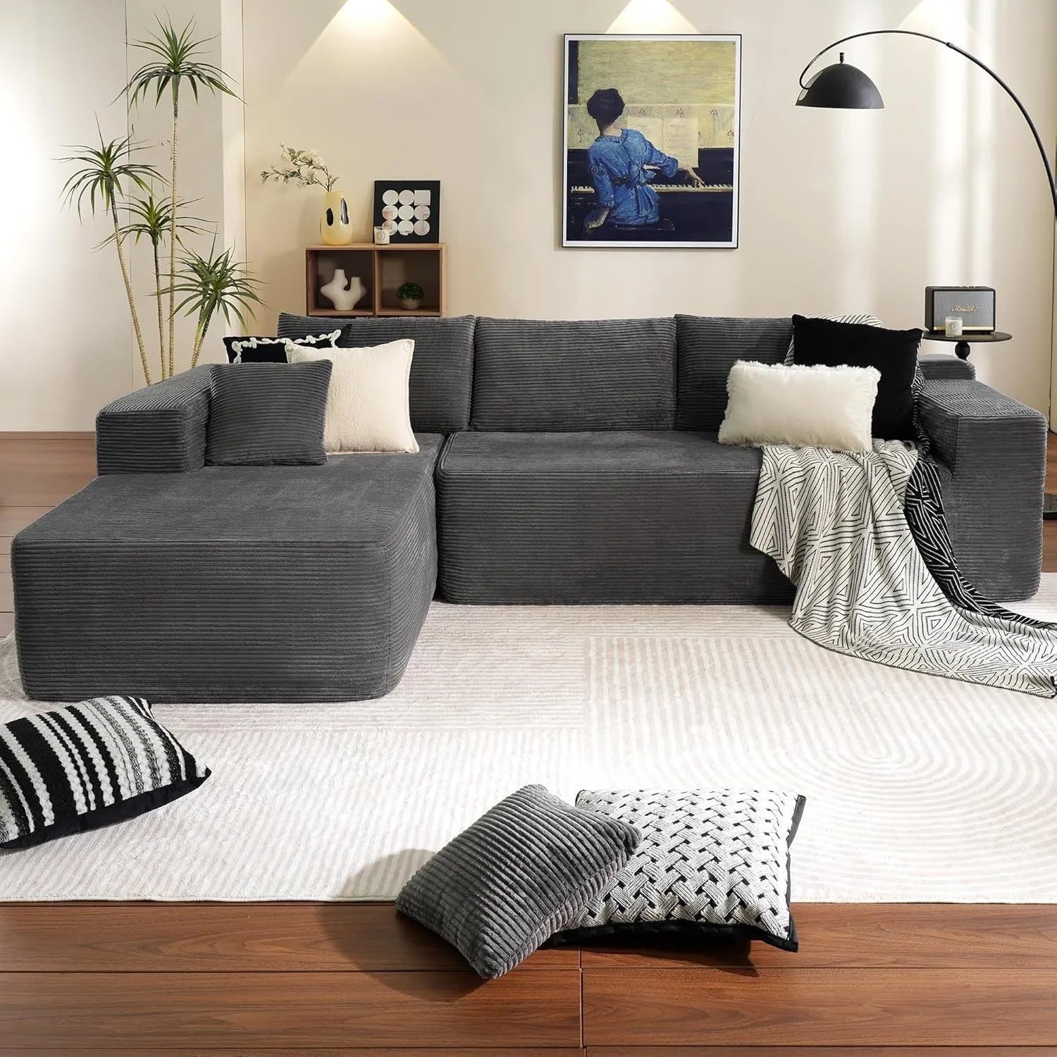 Modern minimalist flannel sofa in beige with clean lines suitable for living room or office setting