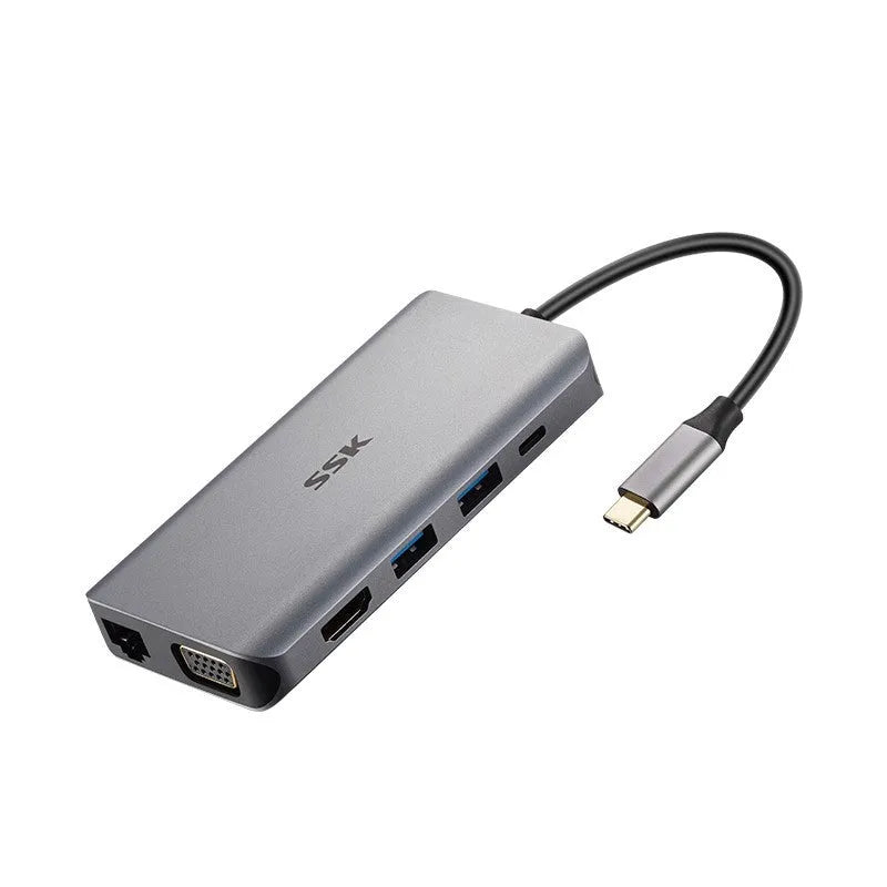 11-in-1 grey metal USB C hub adapter with HDMI VGA USB 3.0 network port PD 3.0 and SD card reader on 0.15m cable
