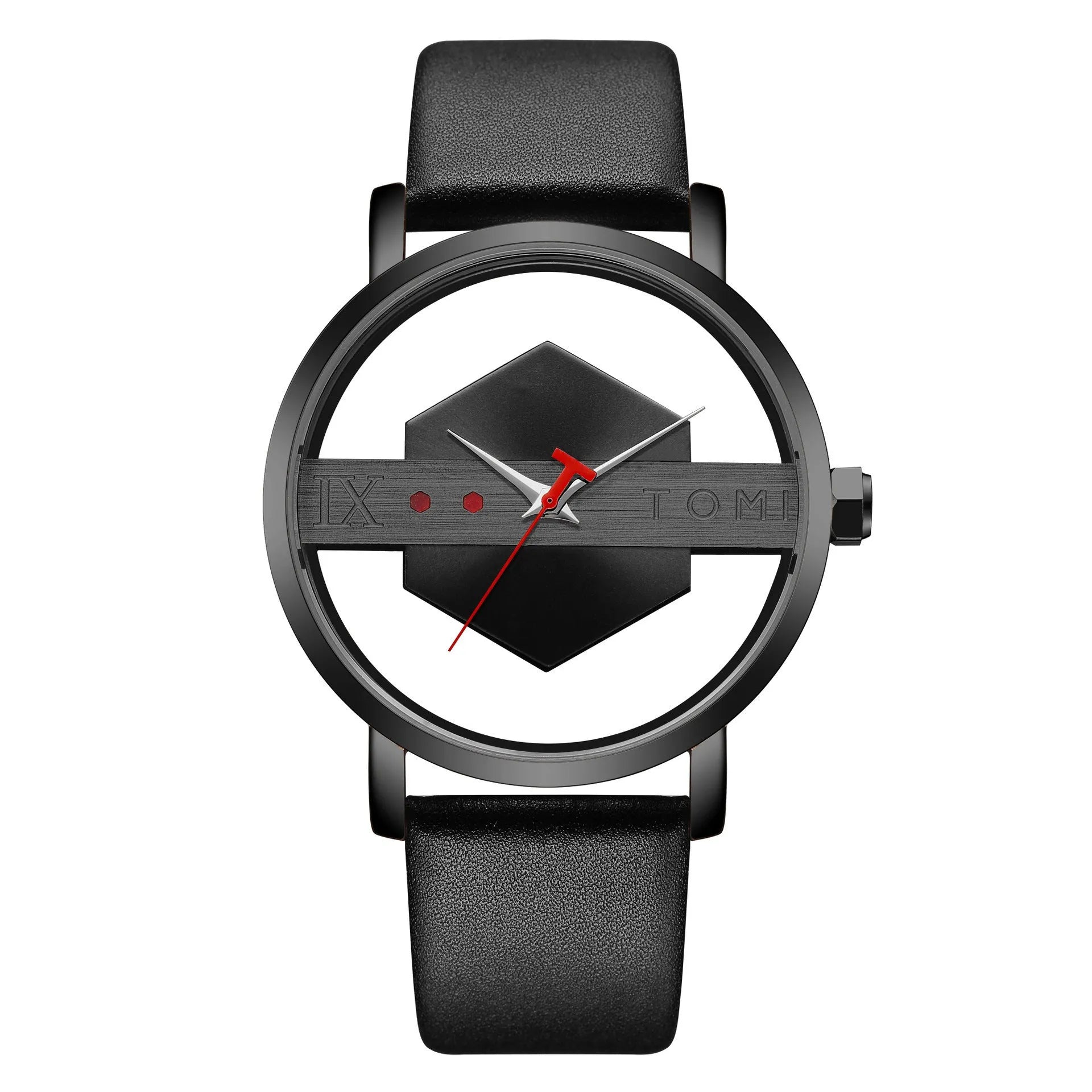 Hollow out see-through unisex leather casual quartz watch with brown gold surface and slim 10mm case