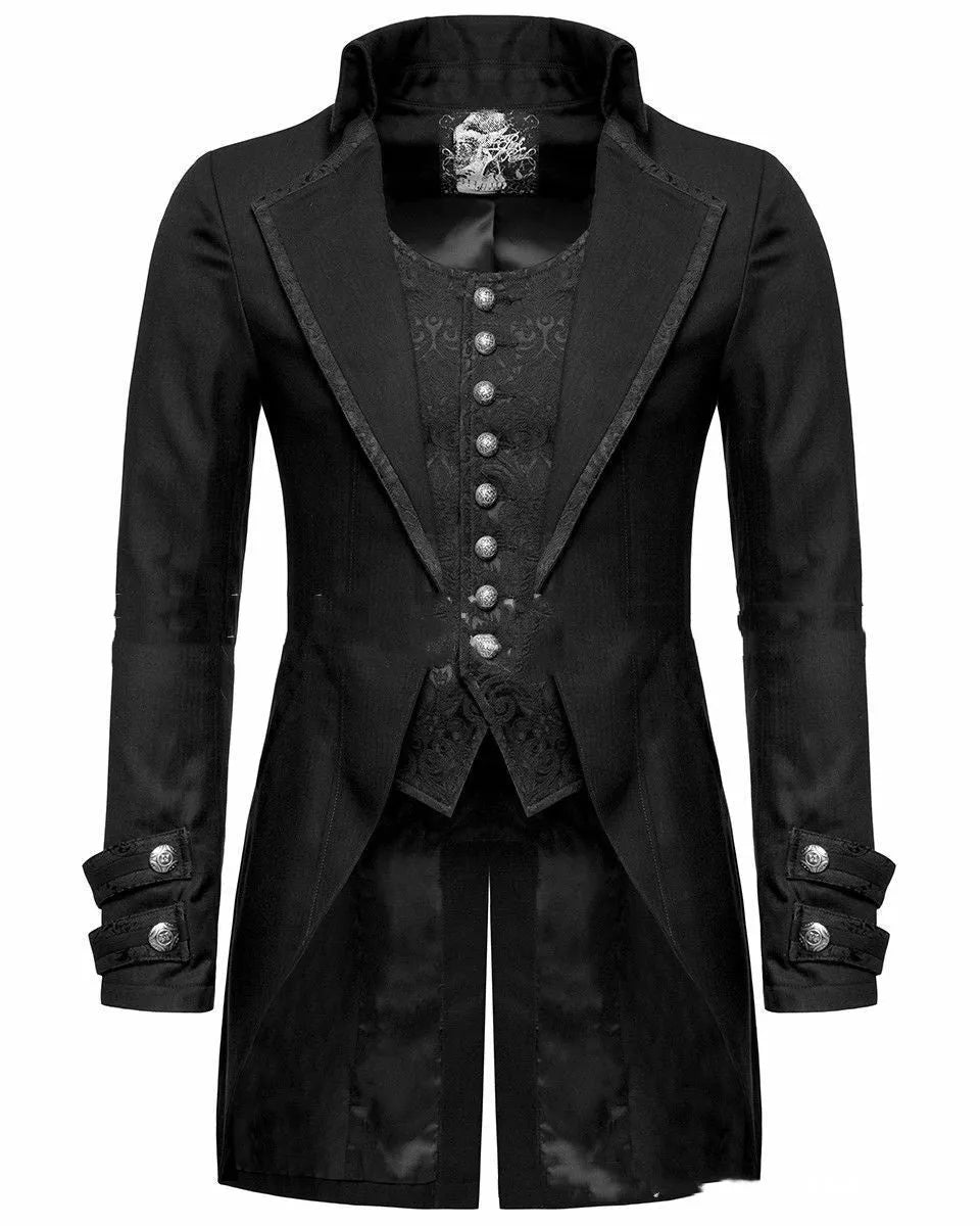 Black Victorian morning gown cosplay jacket with gothic styling for historical reenactment