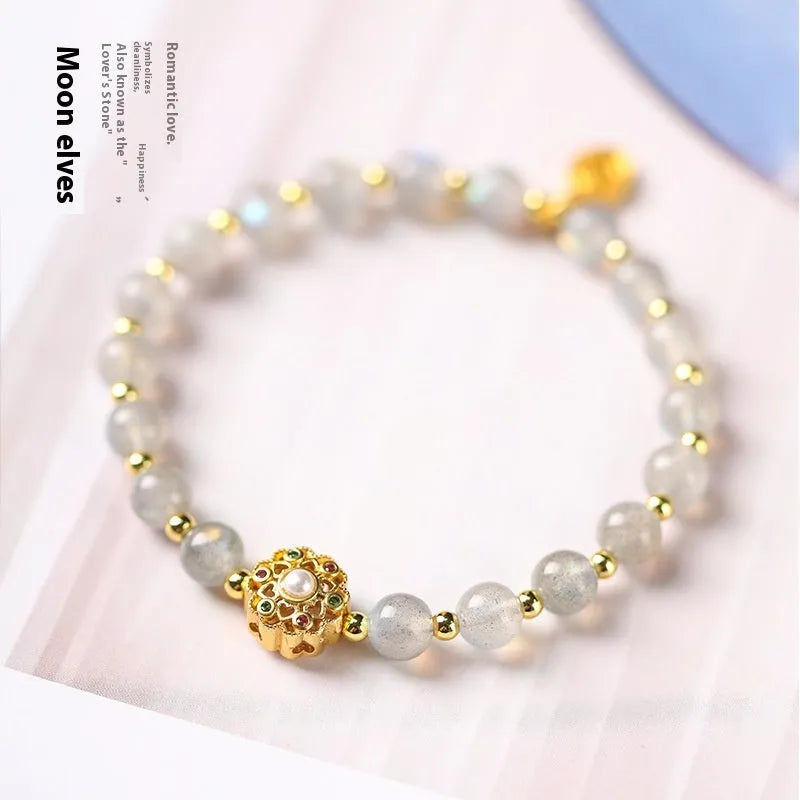 Hand-woven crystal bracelet with 6mm beads showing sun moon pastoral design in three colour options