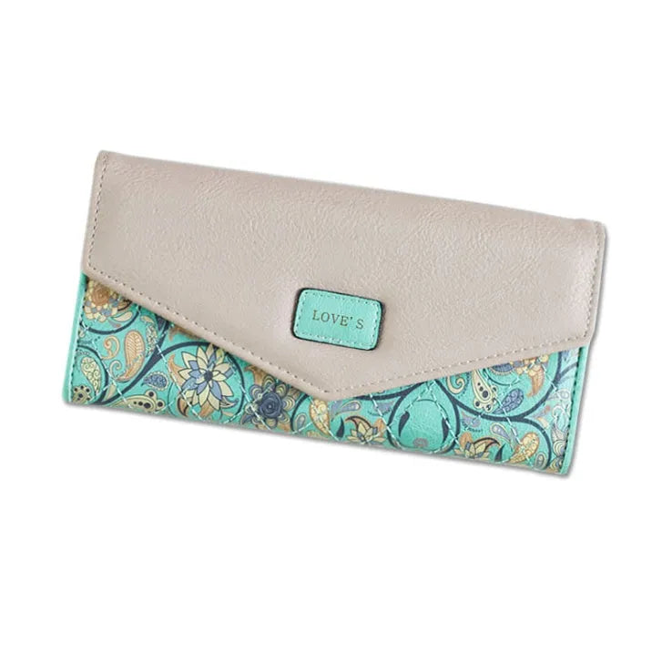 Three-fold PU leather wallet with buckle closure showing clip and colour options