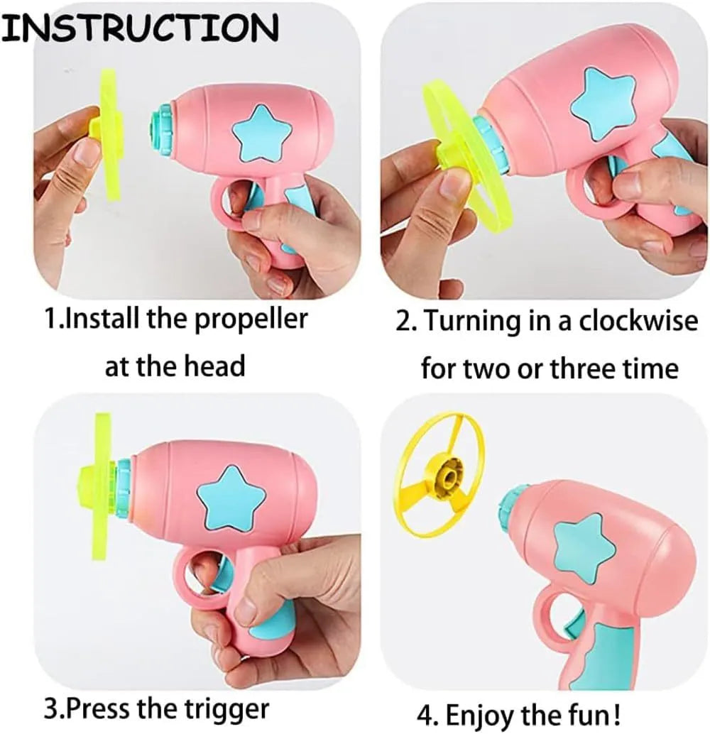 Blue interactive cat toy gun with plastic Frisbee on launch mechanism for indoor hunting play