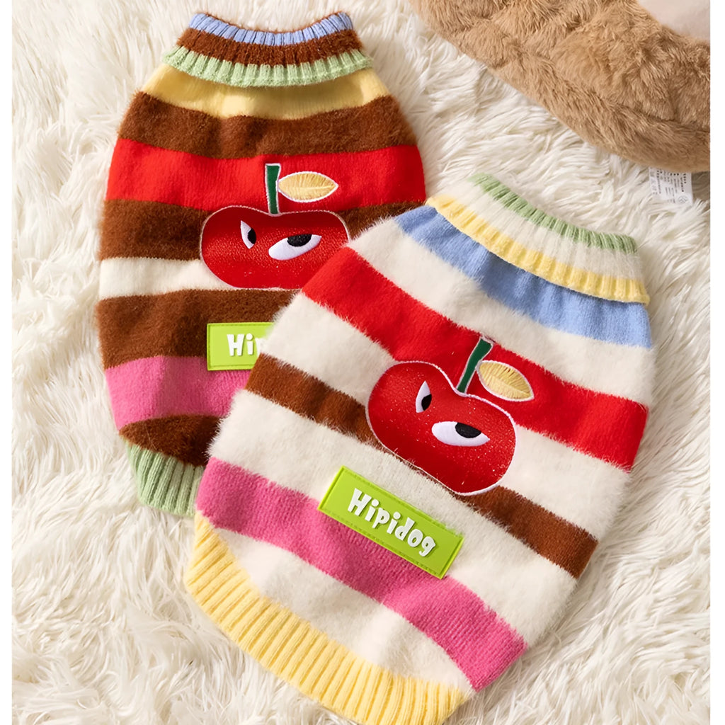 Corgi special rainbow apple striped knitted dog pullover sweater in brown and white on a light background