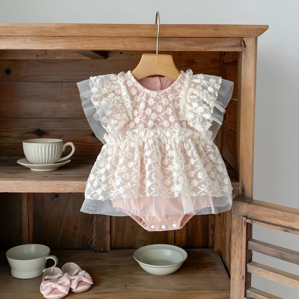 Baby girl mesh jumpsuit full moon romper in matte pink, short sleeves, cotton blend triangle style