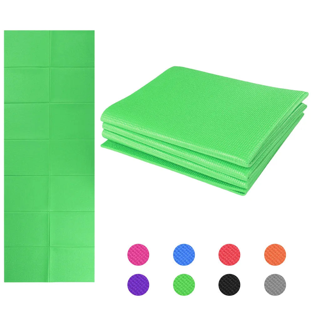 Folding non-slip PVC yoga mat in blue with handles, 173x61x0.4cm