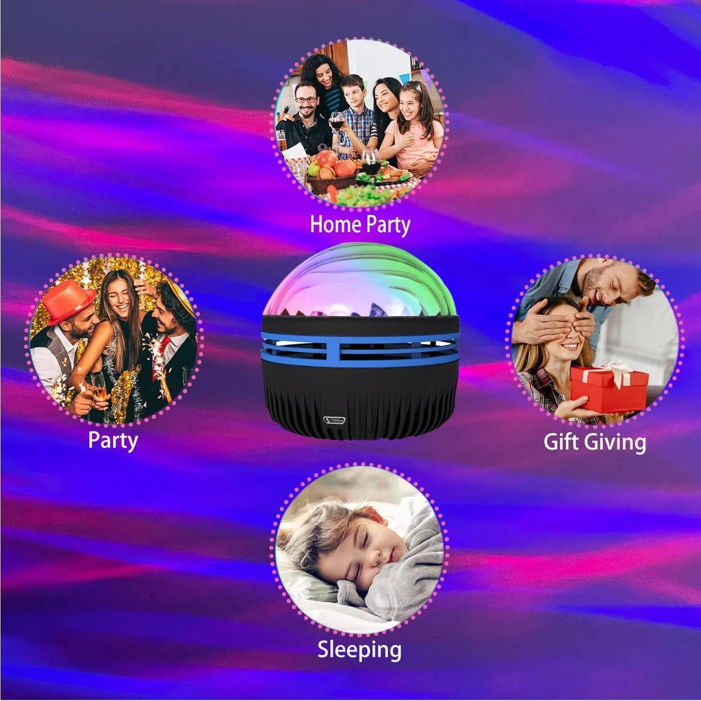 LED star galaxy projector lamp with colourful rotating patterns on a bedroom table